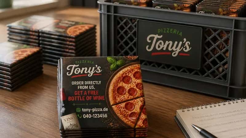 Stacked photo magnets with logo and QR code for Pizzeria Tony's, an example of a bulk order