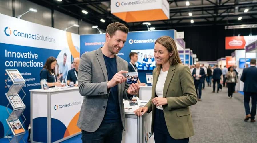 Handing over a branded photo magnet at a trade fair booth