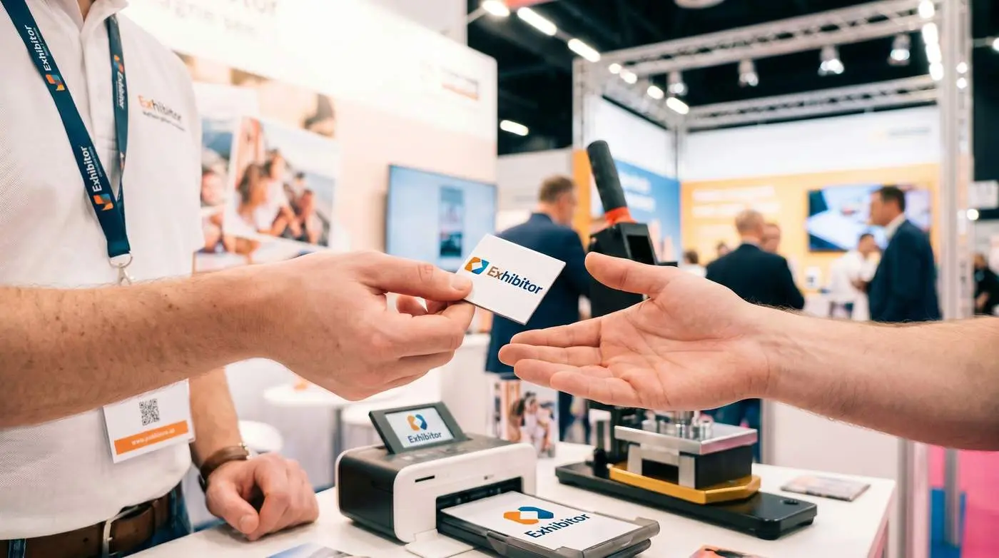 Übergabe eines gebrandeten Fotomagnets am Messestand